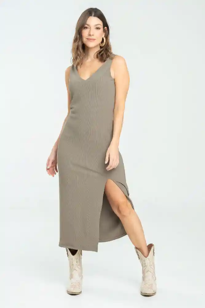 Vestido Punto Midi Color Cafe Taupe Talla L