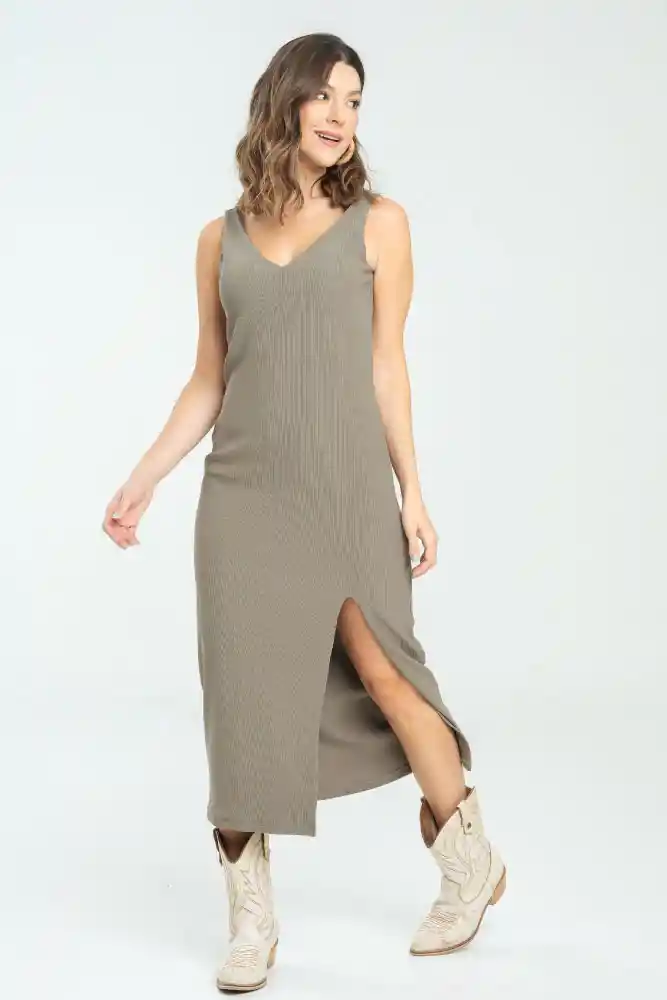 Vestido Punto Midi Color Cafe Taupe Talla Xs