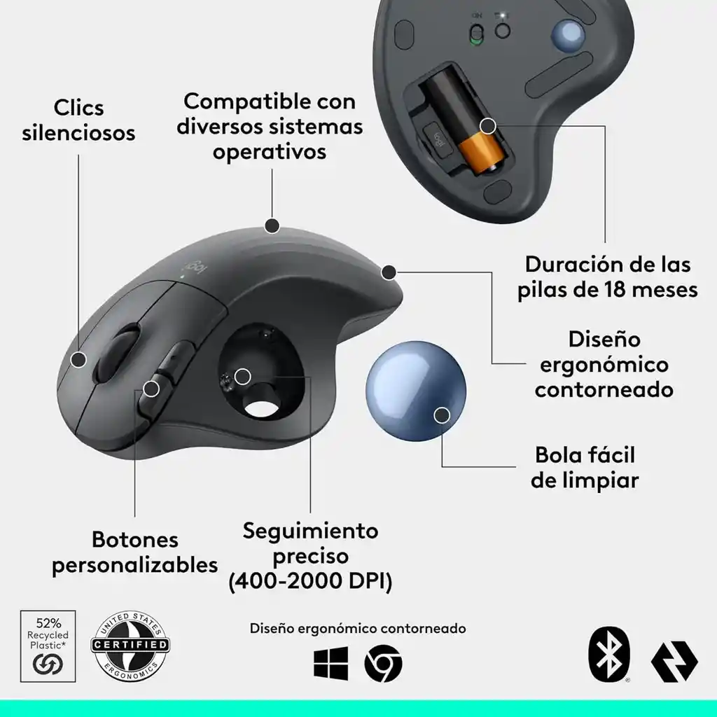 Mouse Trackball Inalámbrico Logitech Ergo M575s Ergonómico