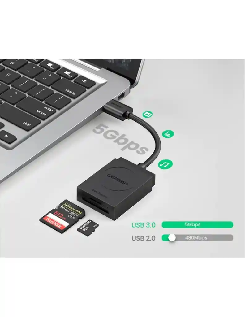 Lector De Tarjetas Ugreen 2 En 1, Usb 3.0 A Tf, Sd Y Micro Sd Negro