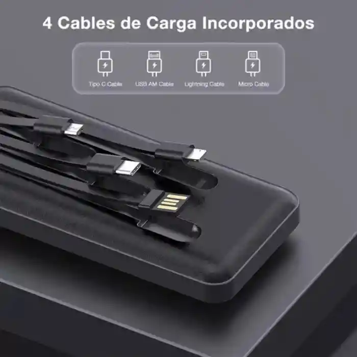 Power Bank Gar148 Negra Batería Portátil Carga Rápida 10.000mah 4 Cables