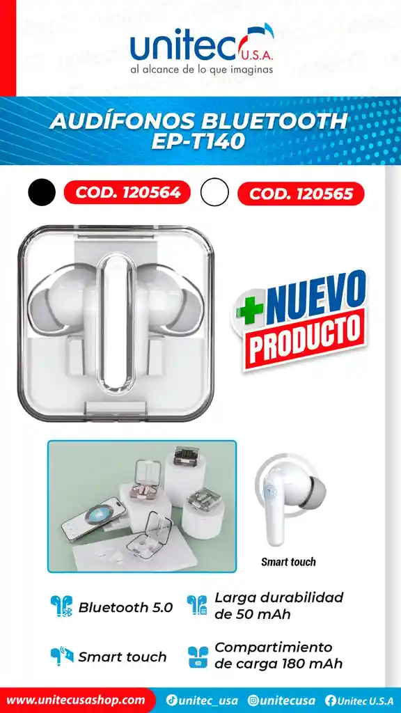 Audifonos Inalambricos Bluetooth Ep-t140 Unitec Color Blanco