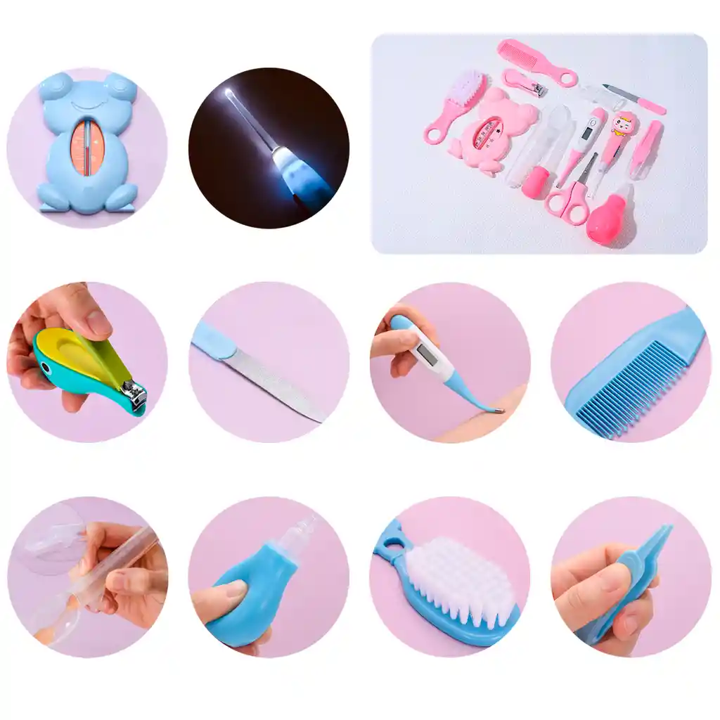 Kit De Aseo Bolso Rosa Estampado De Animalitos, Set De Aseo Para Bebé Recién Nacido, De 14 Piezas Incluyendo Una Lima Eléctrica Con Cabezales Intercambiables, Cómodo Estuche Para Facilitar El Llevarlo