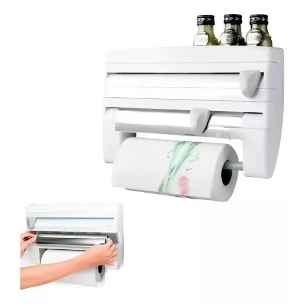 Dispensador Porta Rollo Cortador Aluminio Papel 4en1 Cocina