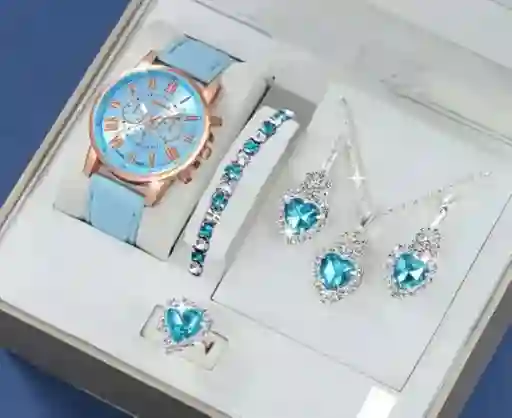 Kit Reloj Azul Claro Para Mujer + Juego De Collar Aretes