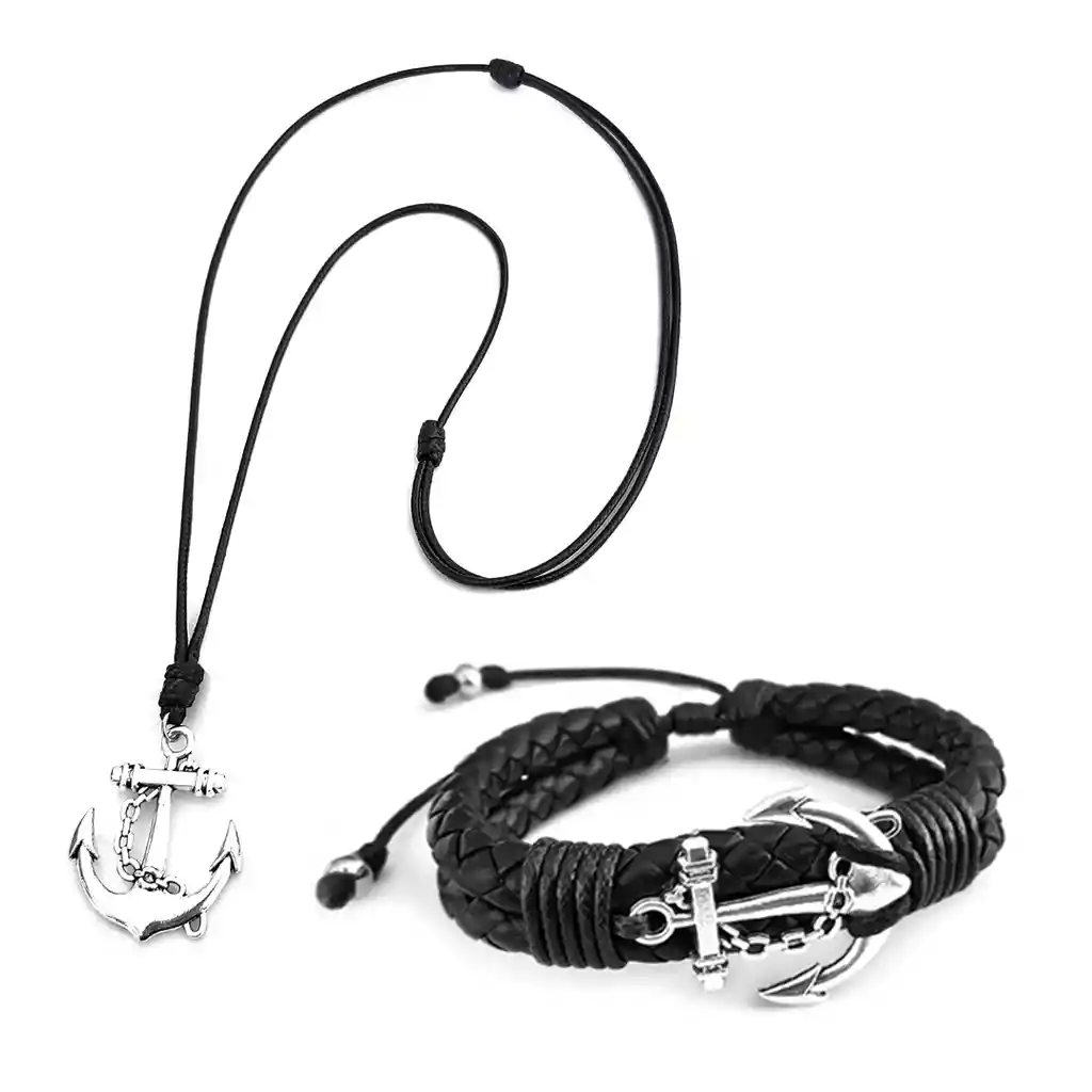 Pulsera Y Collar Con Anclas Cuero Trenzado