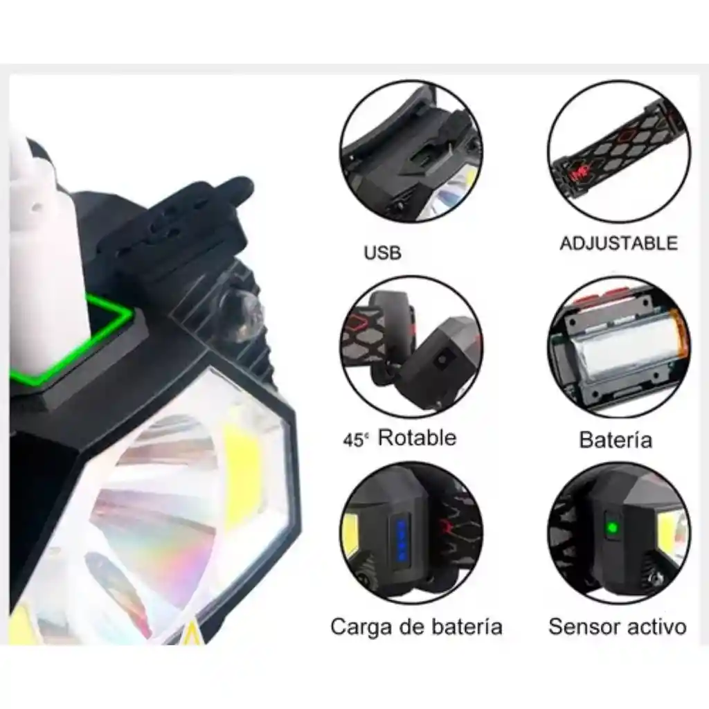 Linterna Minera Led Frontal Recargable 6 Modos Con Senso