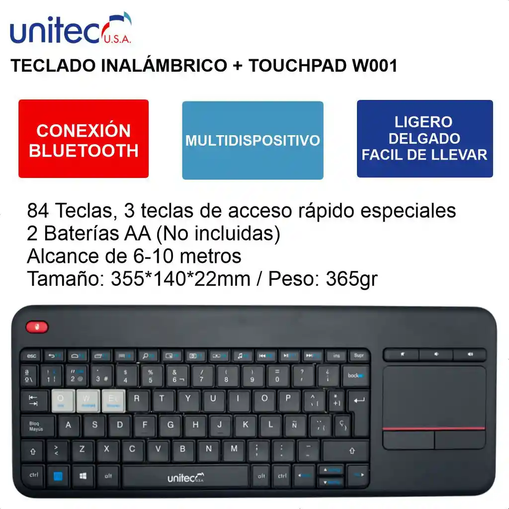 Teclado Inalámbrico Multidispositivo Touchpad Unitec W001