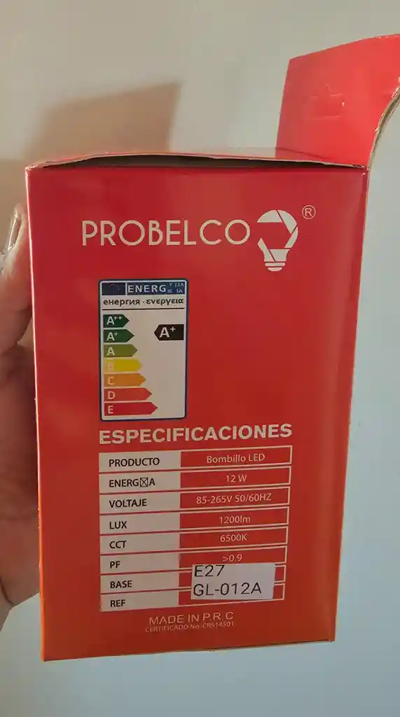 Bombillo Foco Led Ahorrador De Energia A+ 12w Voltaje 85-265v 50/60hz Lux 1200lm Cct 6500k Probelco