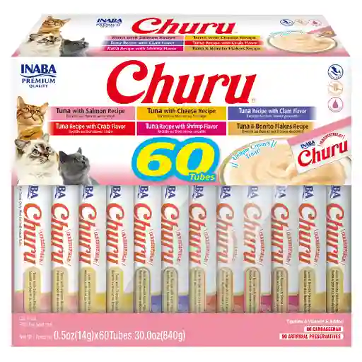 Caja Churu Snack Para Gato Variedad De Atún Inaba 60 Tubos X 14 Gr