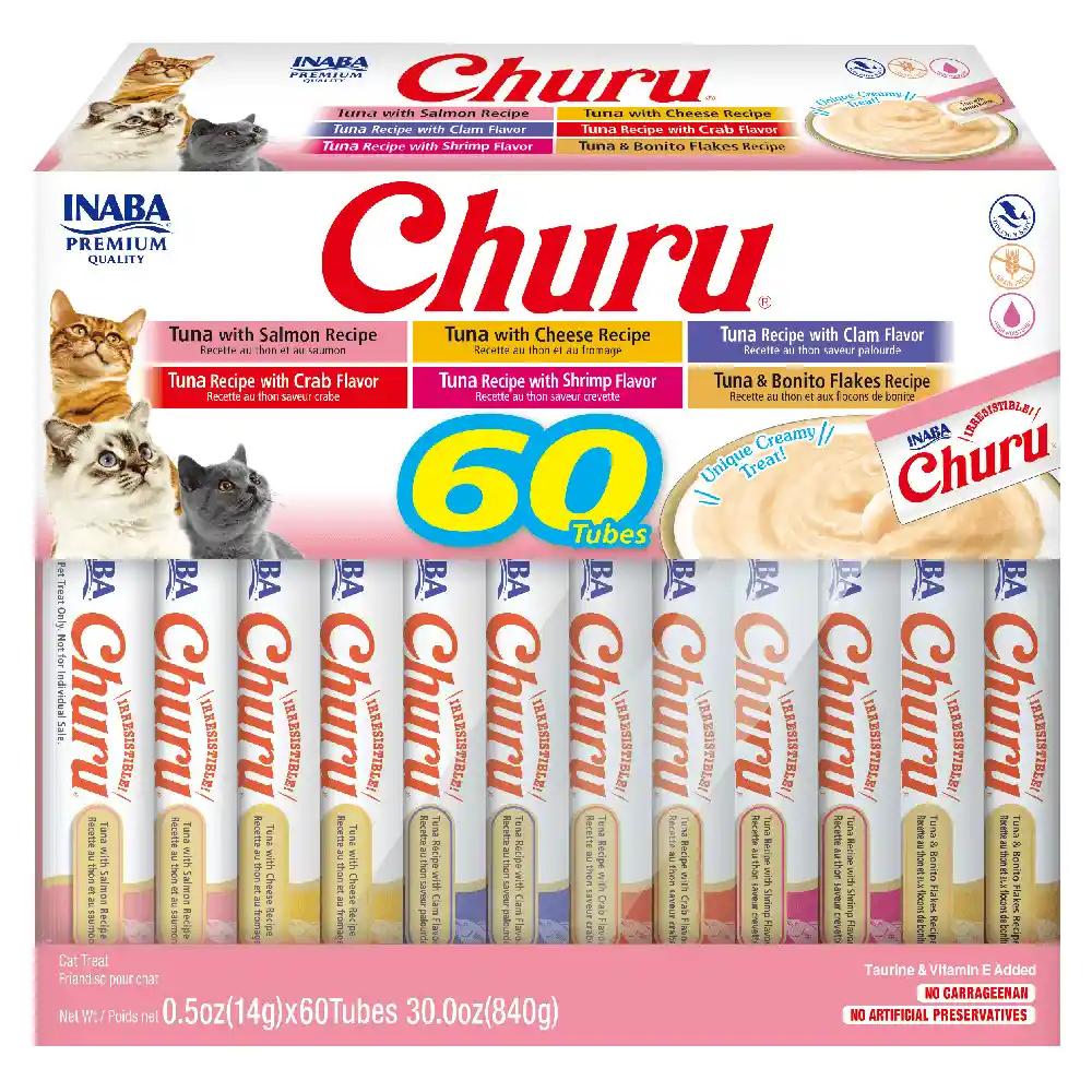 Caja Churu Snack Para Gato Variedad De Atún Inaba 60 Tubos X 14 Gr