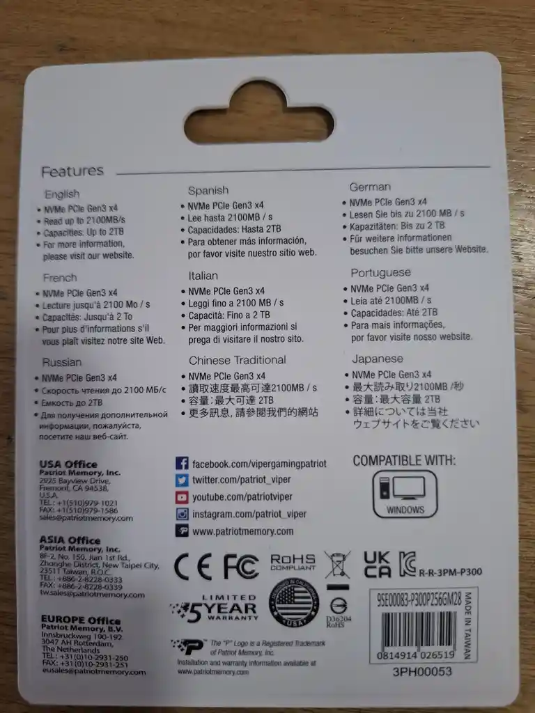 Disco Duro Solido Ssd M.2 256gb Patriot P300 2280 Nvme Pcie Pcie Nvme Gen 3 X 2.