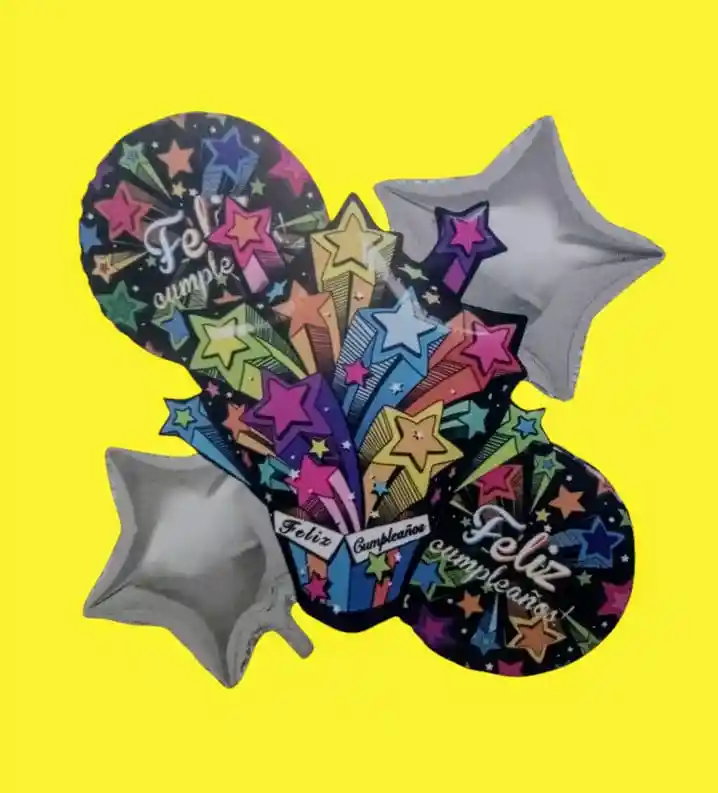 Bouquet X5 Globos Metálizados Estrellas Feliz Cumpleaños