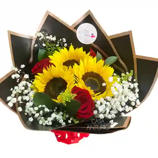 Bouquet De Rosas, Girasoles Y Perla
