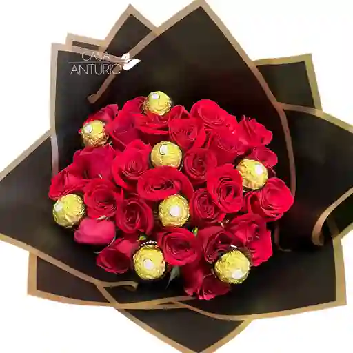 Bouquet De Rosas Rojas Y Chocolates Ferrero Rocher