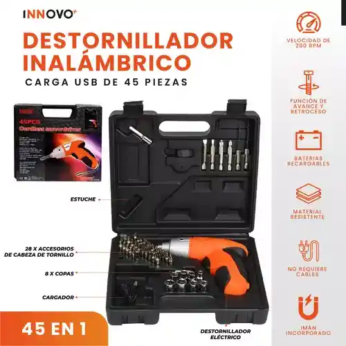 Atornillador Recargable 45 Piezas Infaltable Del Hogar Con Estuche Innovo Tools