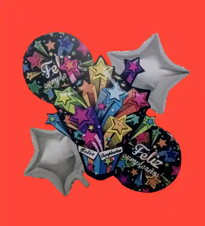 Bouquet X5 Globos Metálizados Estrellas Feliz Cumpleaños