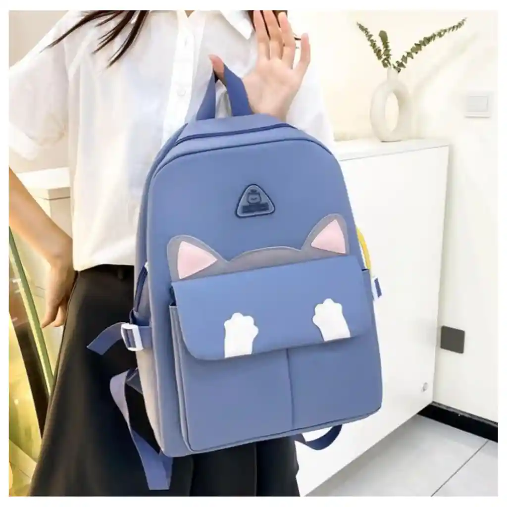 Set De Maleta Y Bolsas Multifuncionales Juvenil Diseño Gato Azul