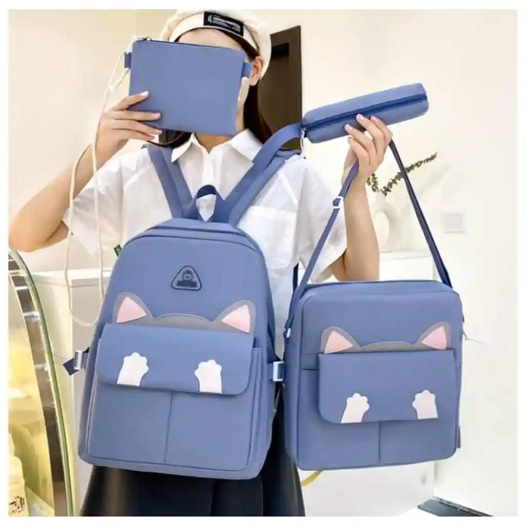 Set De Maleta Y Bolsas Multifuncionales Juvenil Diseño Gato Azul
