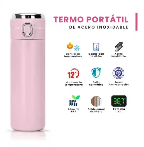 Termo Botella Portátil Conserva Temperatura Digital Led Acero Inoxidable Flask Innovo Rosado