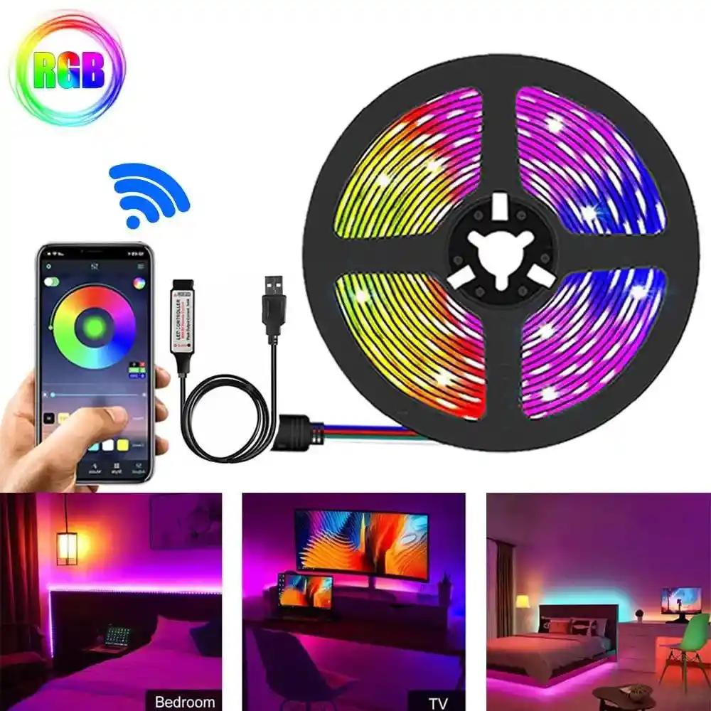 Cinta Led Tira Luces 5 Mts Rgb Multicolor Con Control Deluxe - Bluetooth Con Conexion Usb