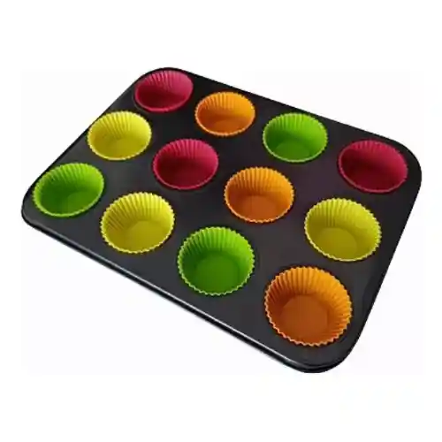 Molde Cupcakes Acero X 12 Cavidades + 12 Moldes Cup Silicona