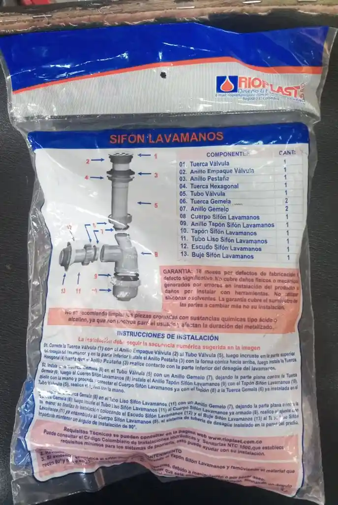 Sifon Lavamanos Rioplast Gris
