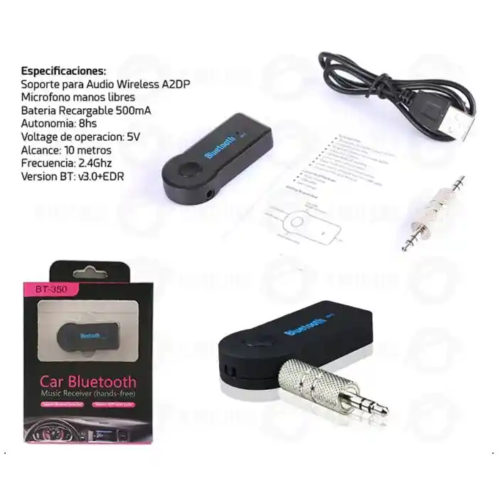 Adaptador Reseptor Bluetooth Bt-350 Con Microfono Recargable Audio Auxiliar 3.5mm