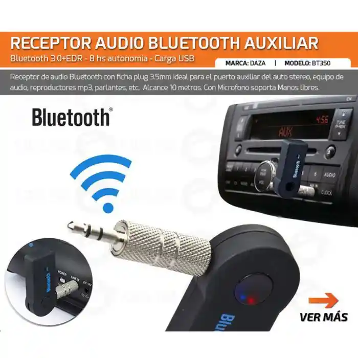 Adaptador Reseptor Bluetooth Bt-350 Con Microfono Recargable Audio Auxiliar 3.5mm