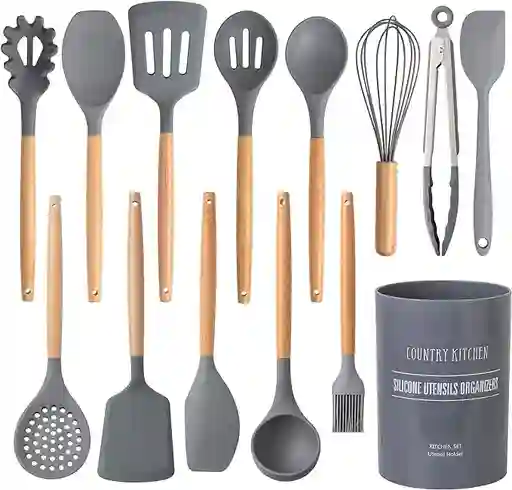 Set 12 Utensilios De Cocina Silicona Resistente Color - Gris