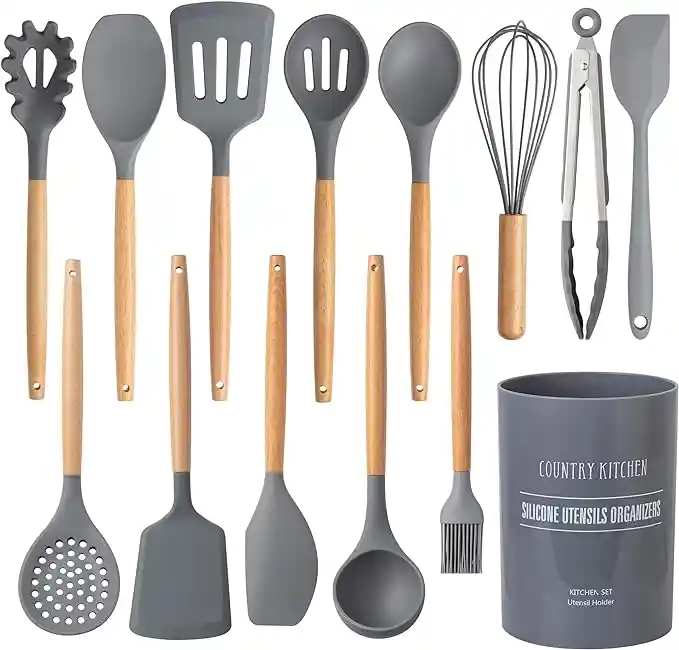 Set 12 Utensilios De Cocina Silicona Resistente Color - Gris