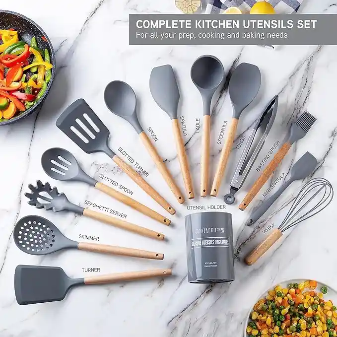 Set 12 Utensilios De Cocina Silicona Resistente Color - Gris