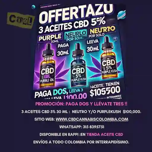 Tres Aceites Cbd Al 5%, De 30 Ml Cada Uno, Neutro O Purplekush Por Solo $100,000.