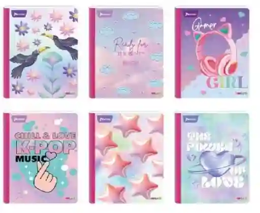 Cuaderno Cosido Grande Femenino, 100h Doble Linea Con Sticker