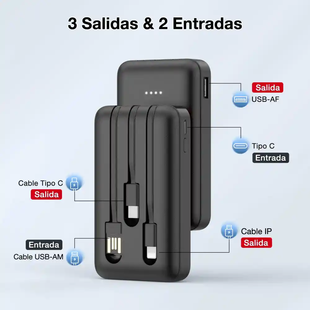 1hora Power Bank Batería Portátil 5.000mah 3 Cables Gar261