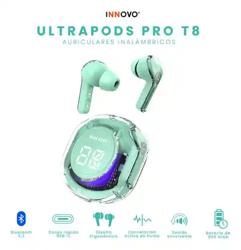 Audifonos Ultra Pods Bluetooth Water Proff Indicador De Carga Luces Rgb Verde