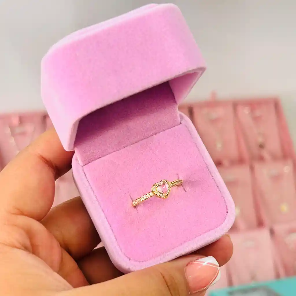 Anillo Corazón Rosa + Cofre De Joyería