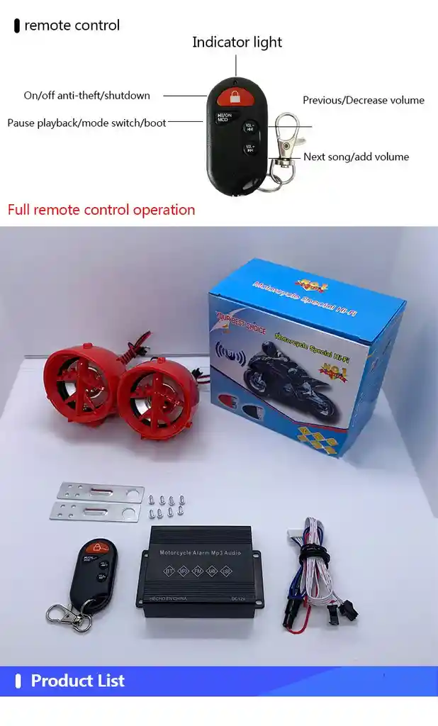 Parlantes Y Alarma Para Moto Bluetooth Mp3 Radio Con Control