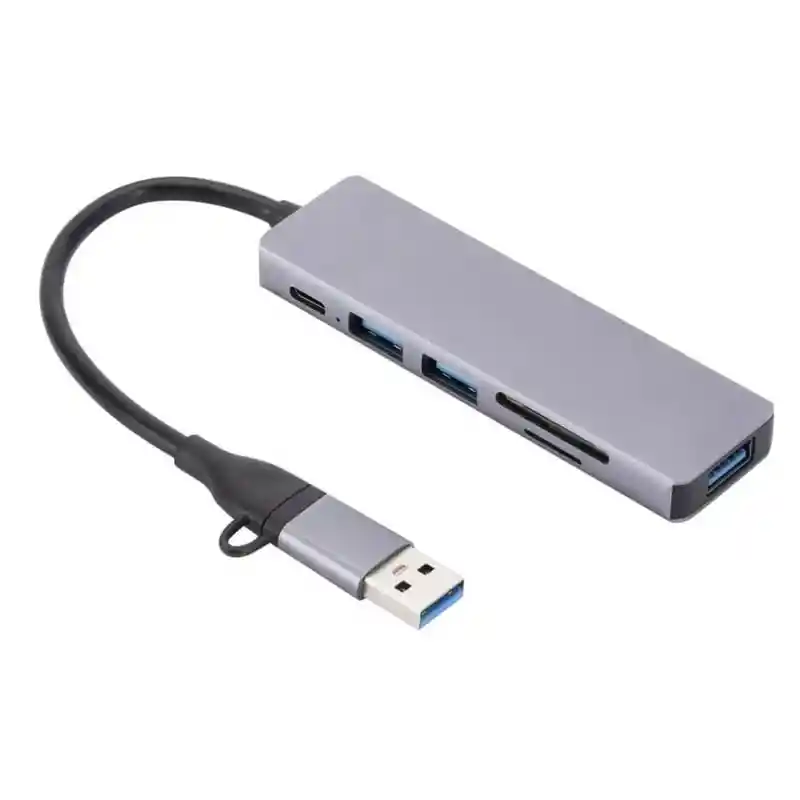 Hub 6 En 1 Conversor Multisalidas Tipo C , Usb 2.0 Usb 3.0 + Usb Gris
