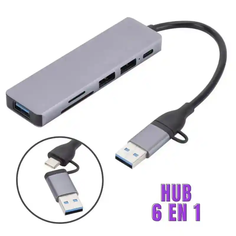 Hub 6 En 1 Conversor Multisalidas Tipo C , Usb 2.0 Usb 3.0 + Usb Gris