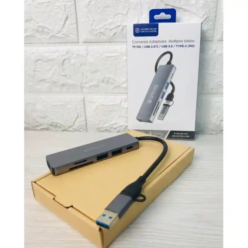 Hub 6 En 1 Conversor Multisalidas Tipo C , Usb 2.0 Usb 3.0 + Usb Gris