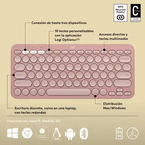 Teclado Bluetooth Multi-dispositivos Logitech K380 Rosado