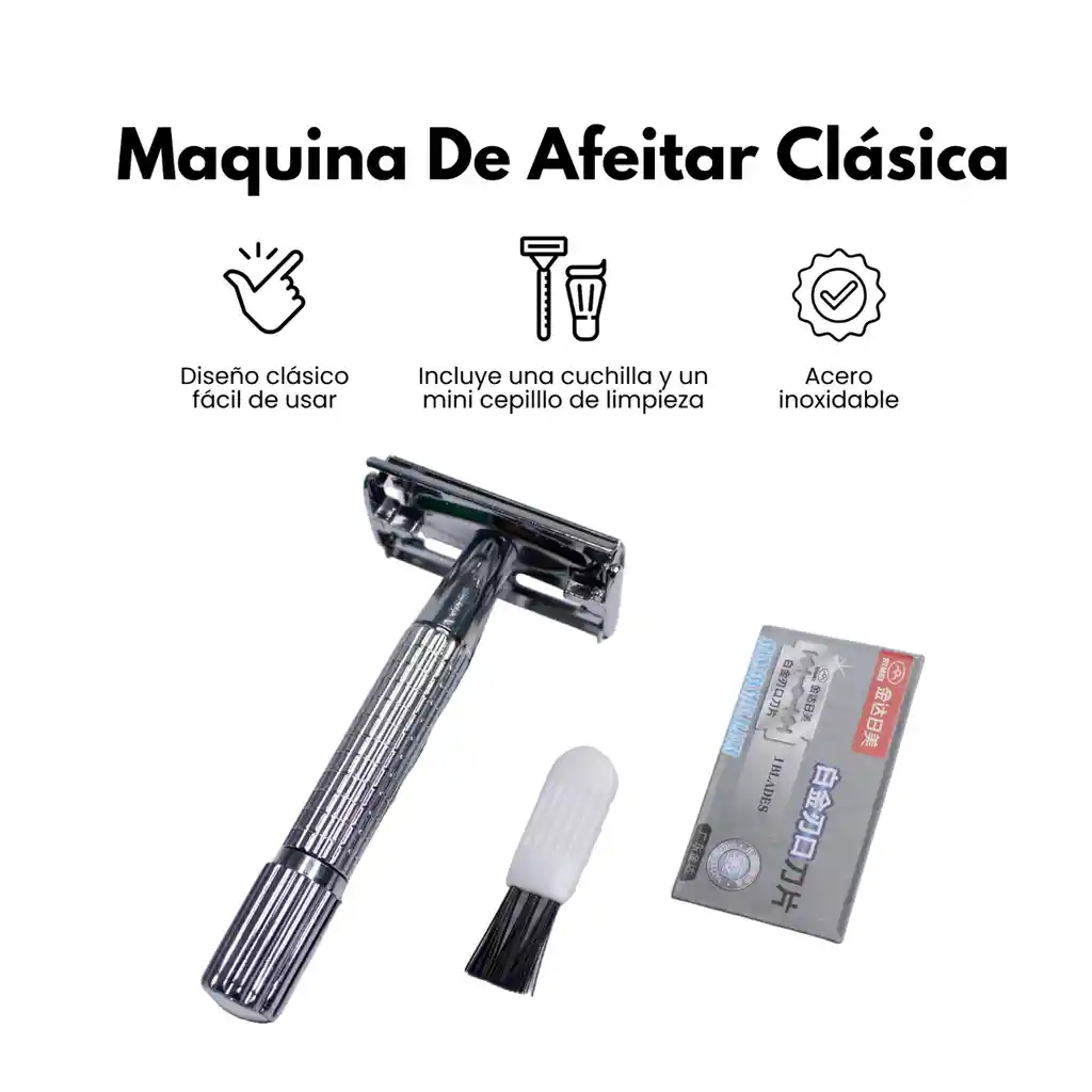 Máquina De Afeitar Clásica Estuche +60 Cuchillas Tradicional Negro