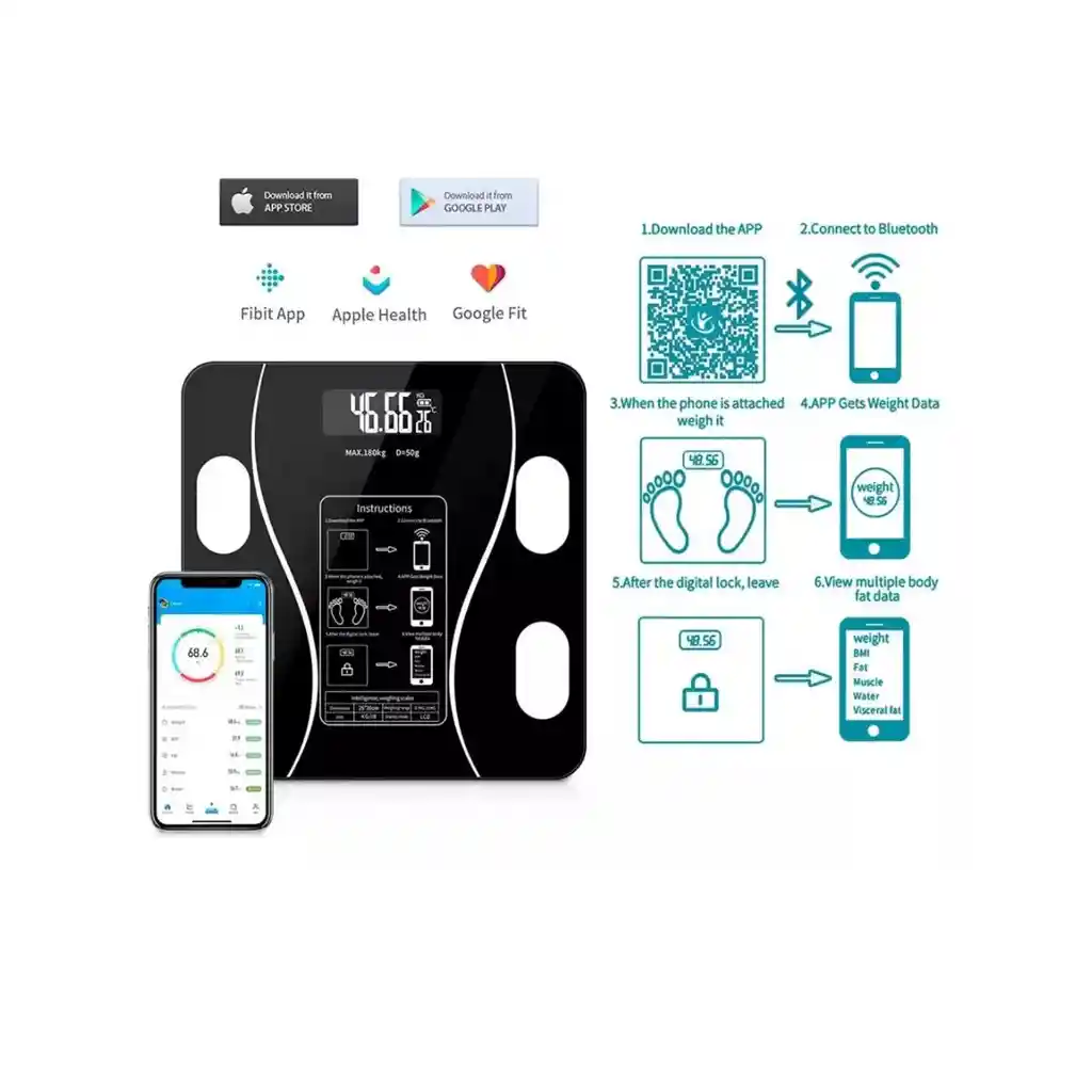 Bascula Pesa Balanza Gramera Personal Bluetooth Vidrio Fenix