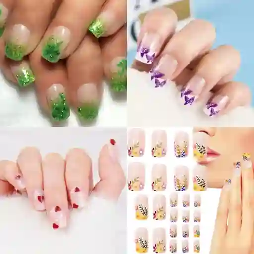 Uñas Postizas Decoradas Cuadradas Engol En Gel Mediana X12 Unds + Pegante