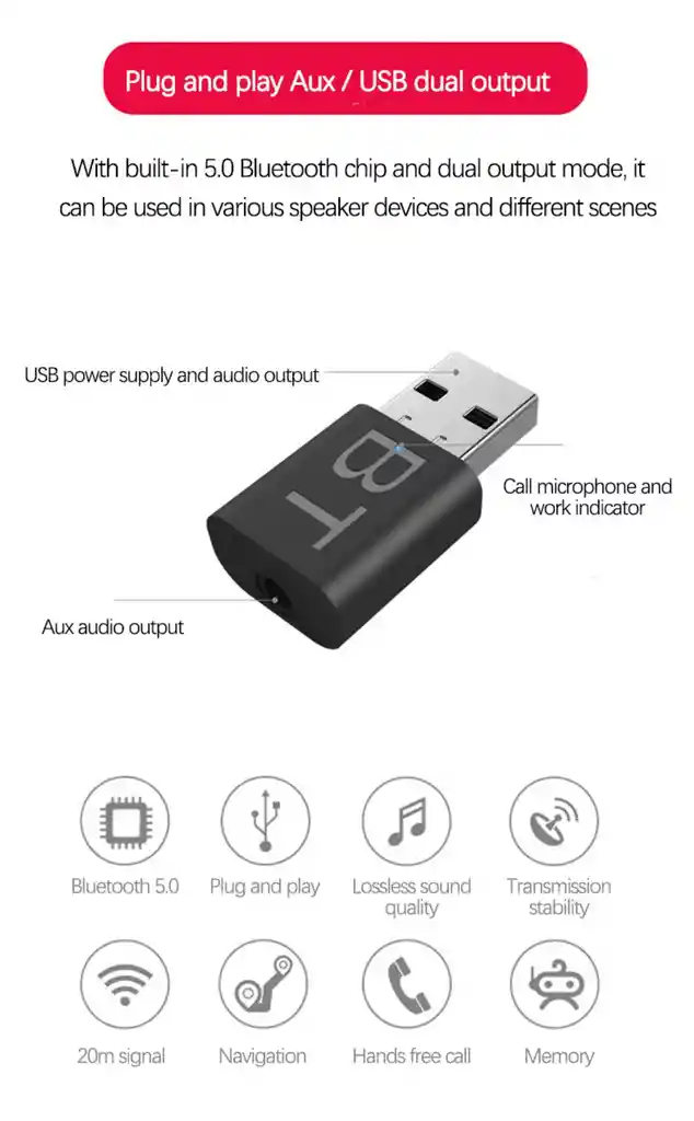 Receptor Mini Transmisor Bluetooth 5.0 2 En 1 Usb Plug 3.5mm