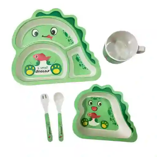 Vajilla Infantil De Fibra De Bambú Dinosaurio Verde