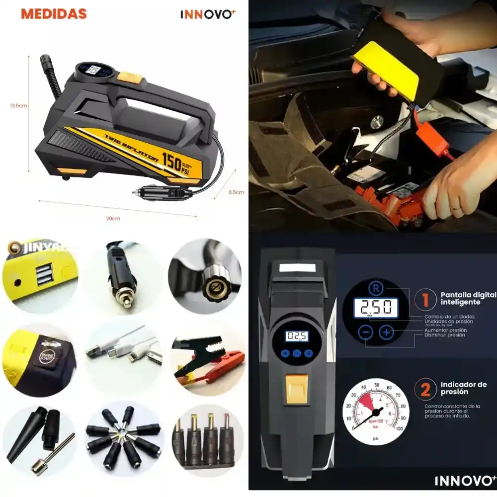 Inflador Compresor De Carro Con Linterna E Iniciador De Batería Kit Desvare Carro