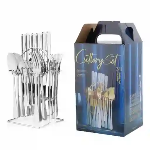 Set De Cubiertos 24 Plateados Piezas Con Soporte Acero Inoxidable