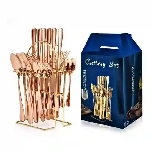 Set De Cubiertos 24 Rosa Piezas Con Soporte Acero Inoxidable